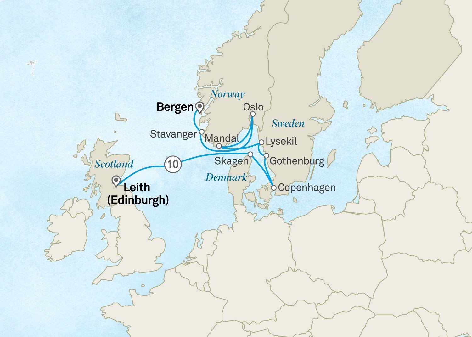 Scotland & The Norwegian Fjords: Edinburgh to Bergen Scenic itinerary route map for voyage 171E050627.2