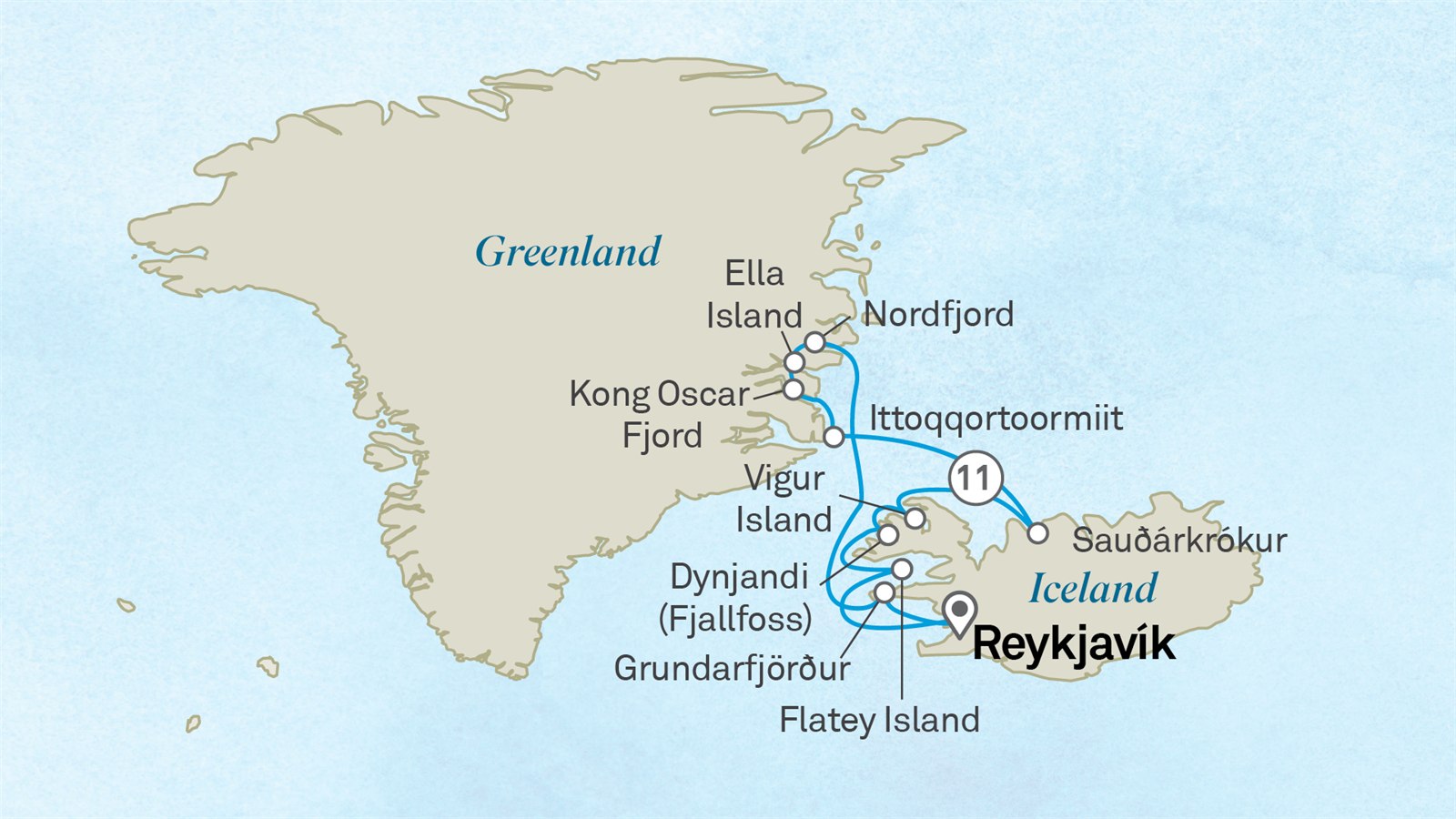 National Parks of East Greenland & Iceland: Reykjavik to Reykjavik Scenic itinerary route map for voyage 171N040827.1