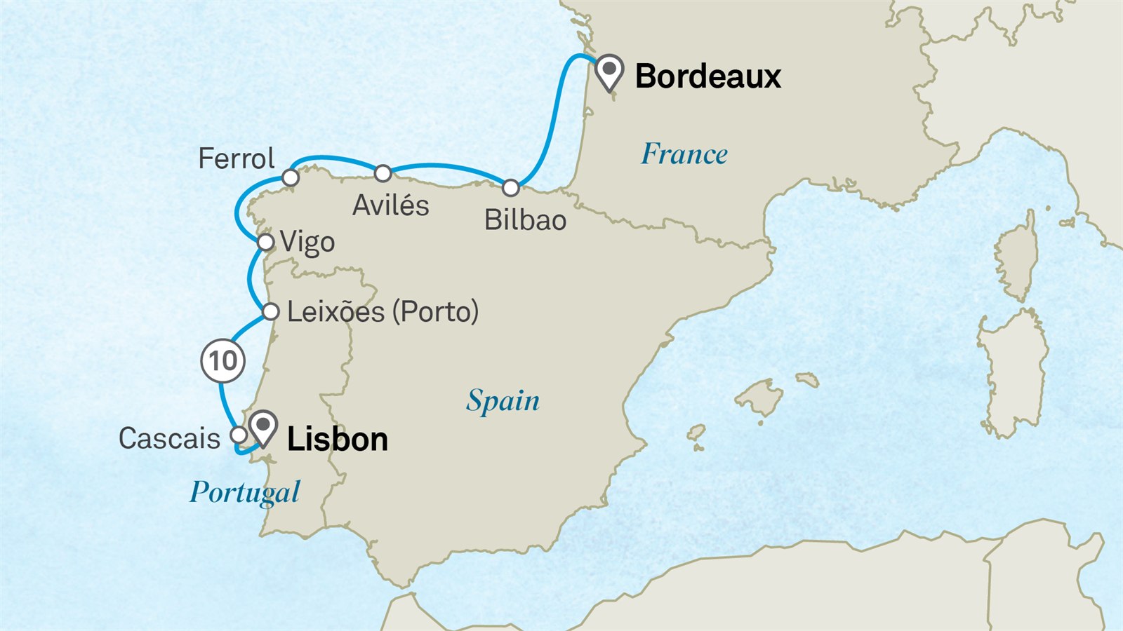 Flavours of Portugal, Spain and France: Lisbon to Bordeaux Scenic itinerary route map for voyage 181E160727.2