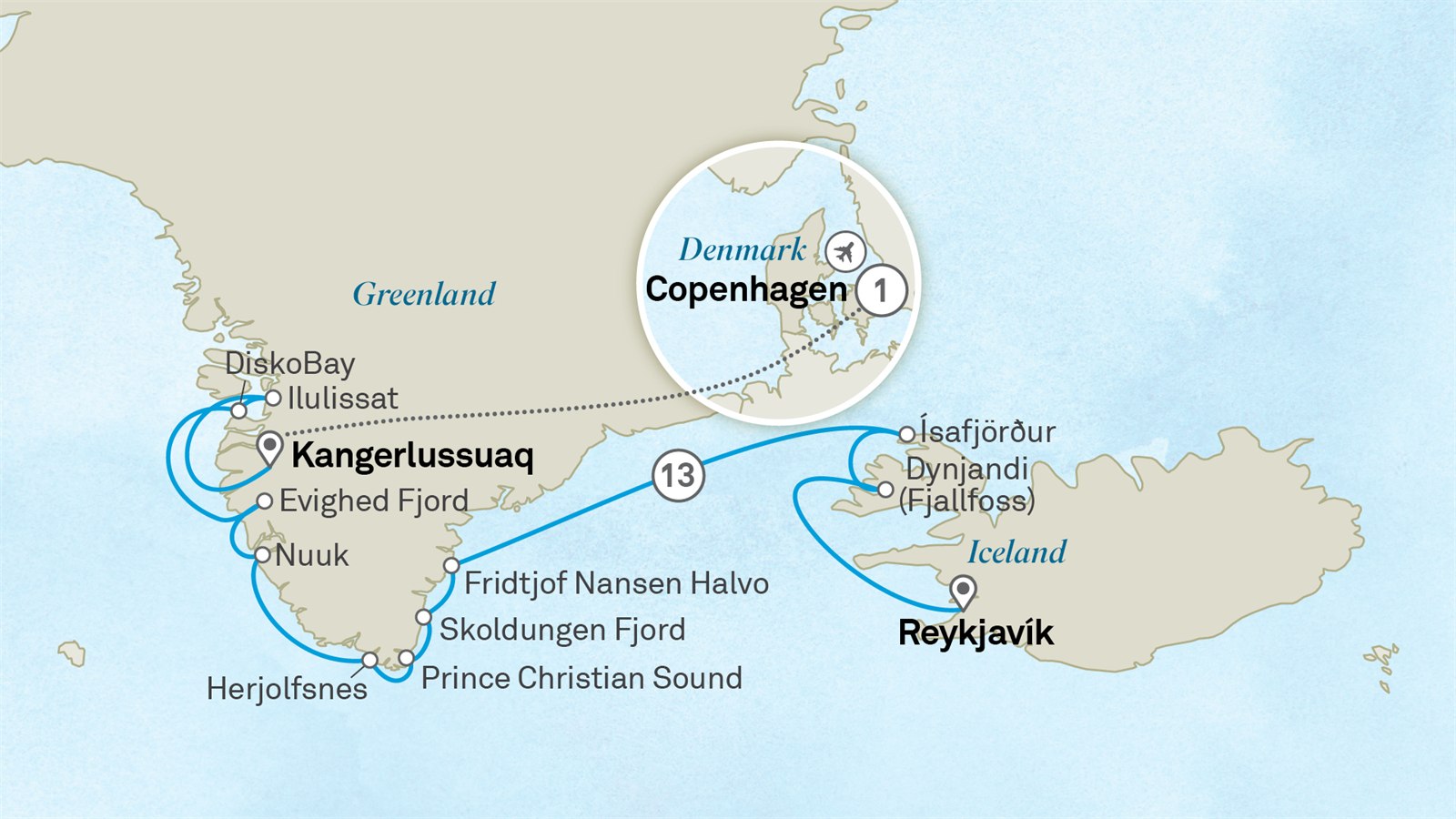 Iceland to Greenland & the Glaciers of Disko Bay: Reykjavik to Copenhagen Scenic itinerary route map for voyage 181N010828.2