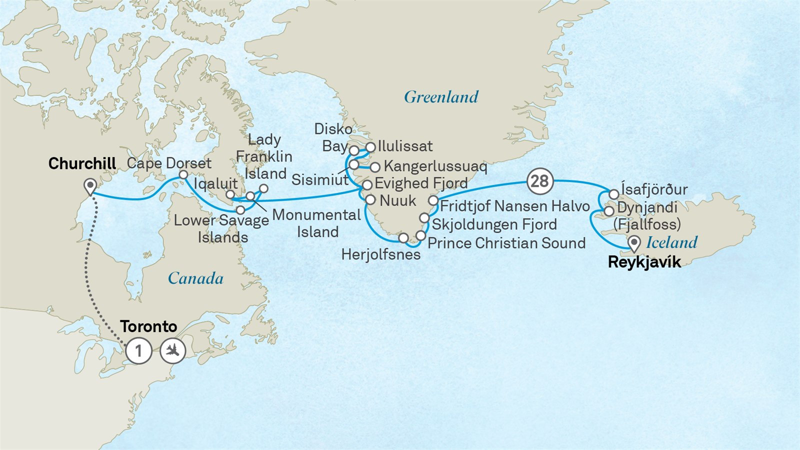 Ultimate Iceland to Canada: Wildlife & Glaciers: Reykjavik to Toronto Scenic itinerary route map for voyage 182N150827.2