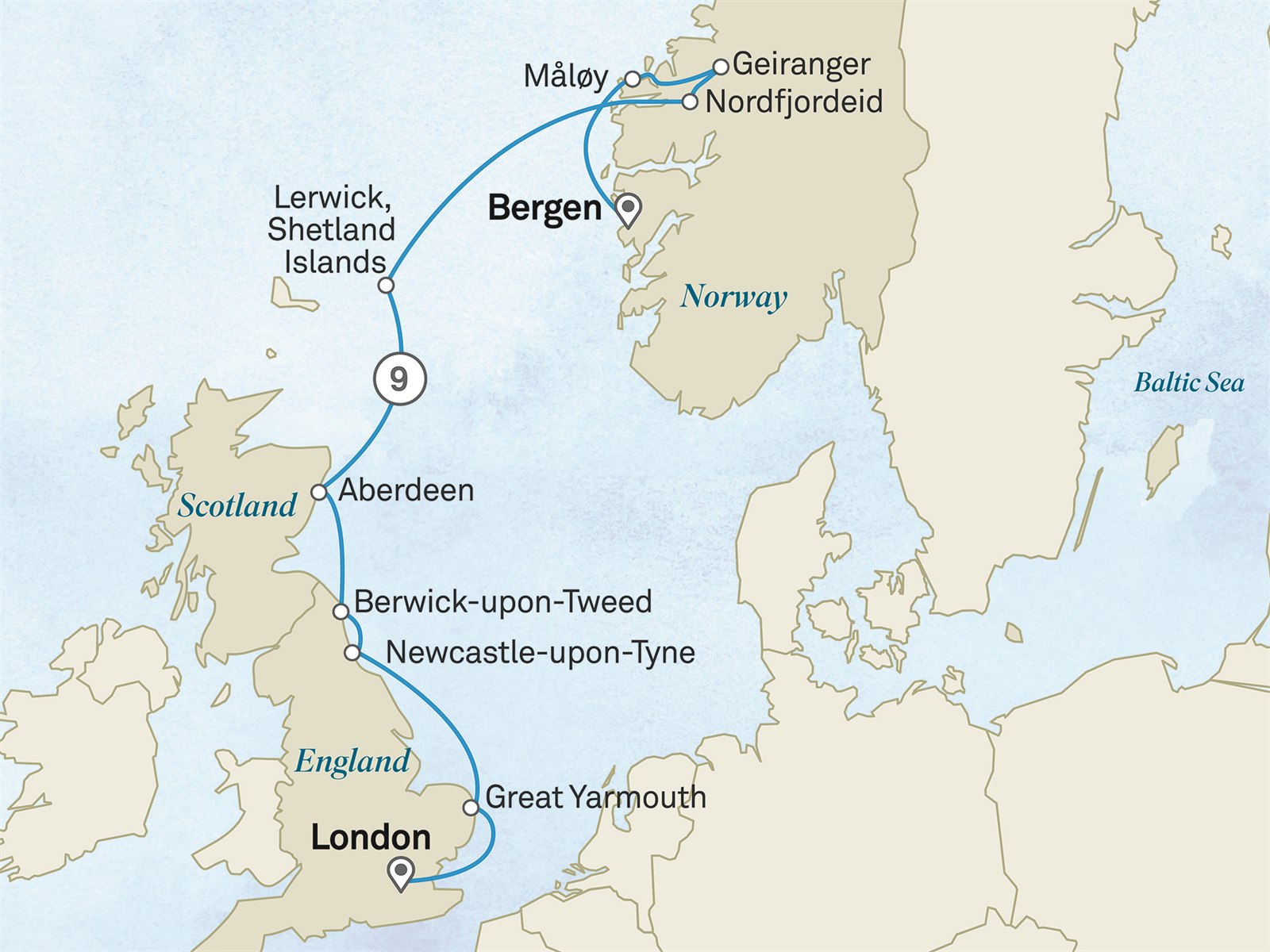 London to Bergen: A Journey Through the Norwegian Fjords Scenic itinerary route map for voyage 191E060827.2