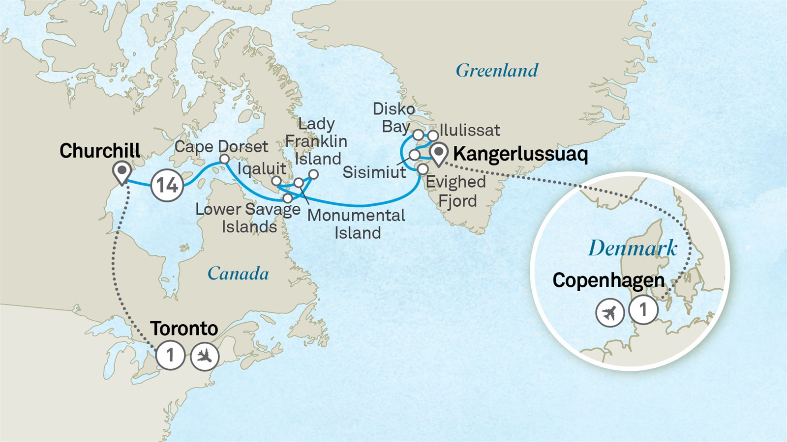 Greenland to Hudson Bay & the Canadian Arctic: Copenhagen to Toronto Scenic itinerary route map for voyage 191N130828.2