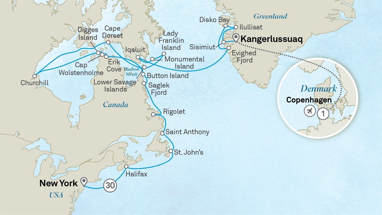 Ultimate Greenland, Hudson Bay & North Canada’s Wildlife: Copenhagen to New York City Scenic itinerary route map for voyage 192N270827.1
