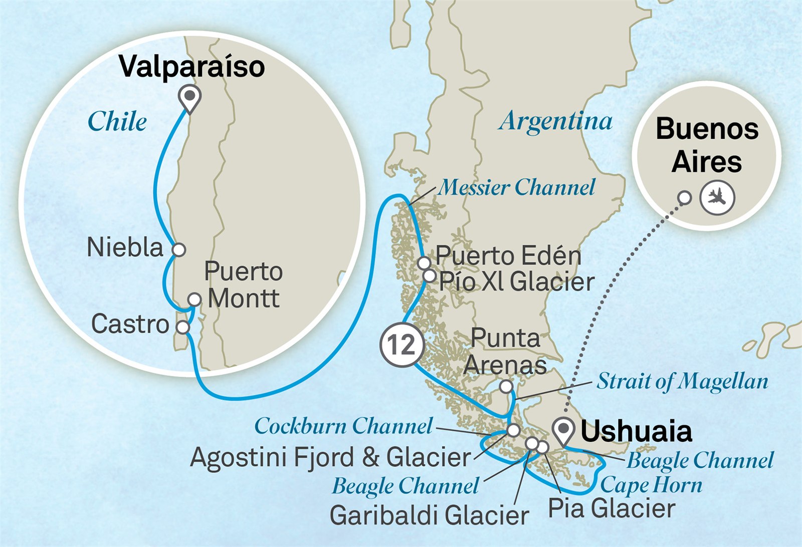 Chilean Fjords & The Glaciers of The Beagle Channel: Santiago to Buenos Aires Scenic itinerary route map for voyage 201L041126.1