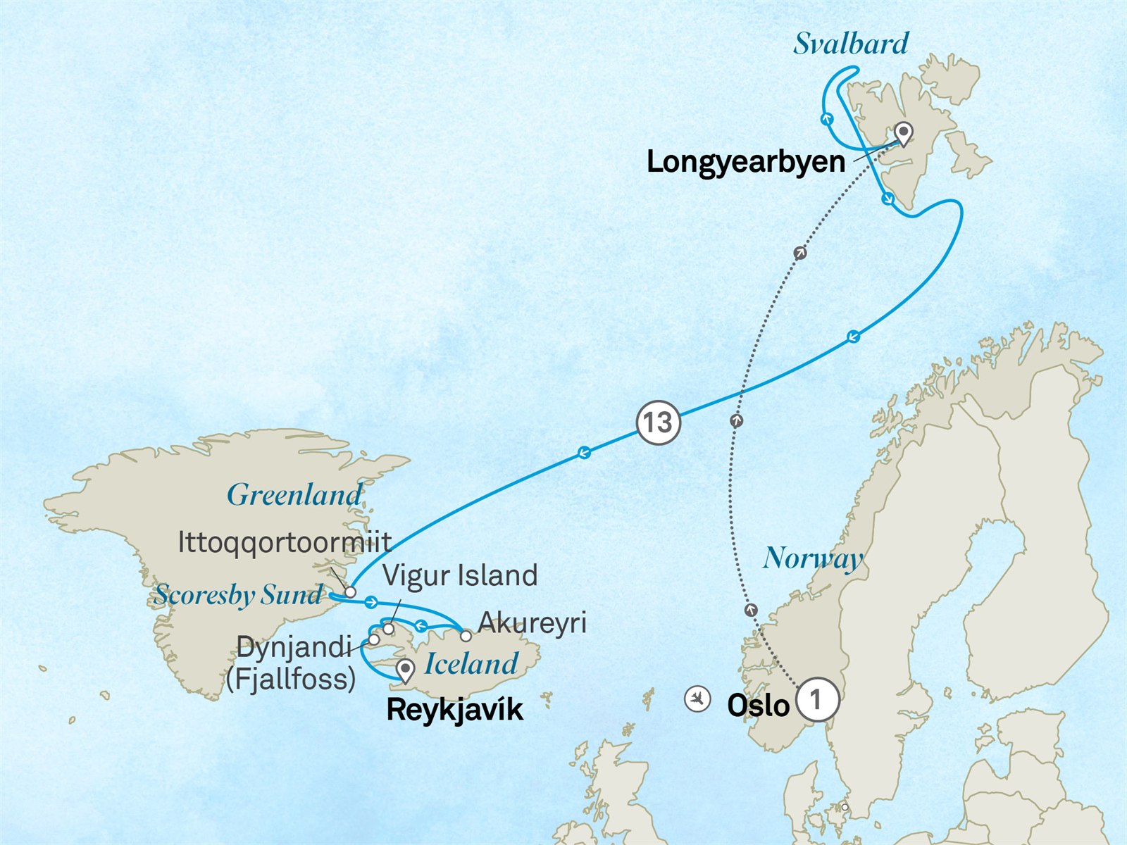 Wonders of the High Arctic: Greenland & Iceland: Oslo to Reykjavik Scenic itinerary route map for voyage 201N060728.1