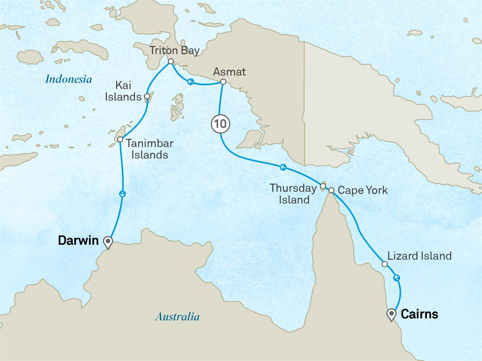 Australia's Top End & Indonesia: Cairns to Darwin Scenic itinerary route map for voyage 201O080528.2