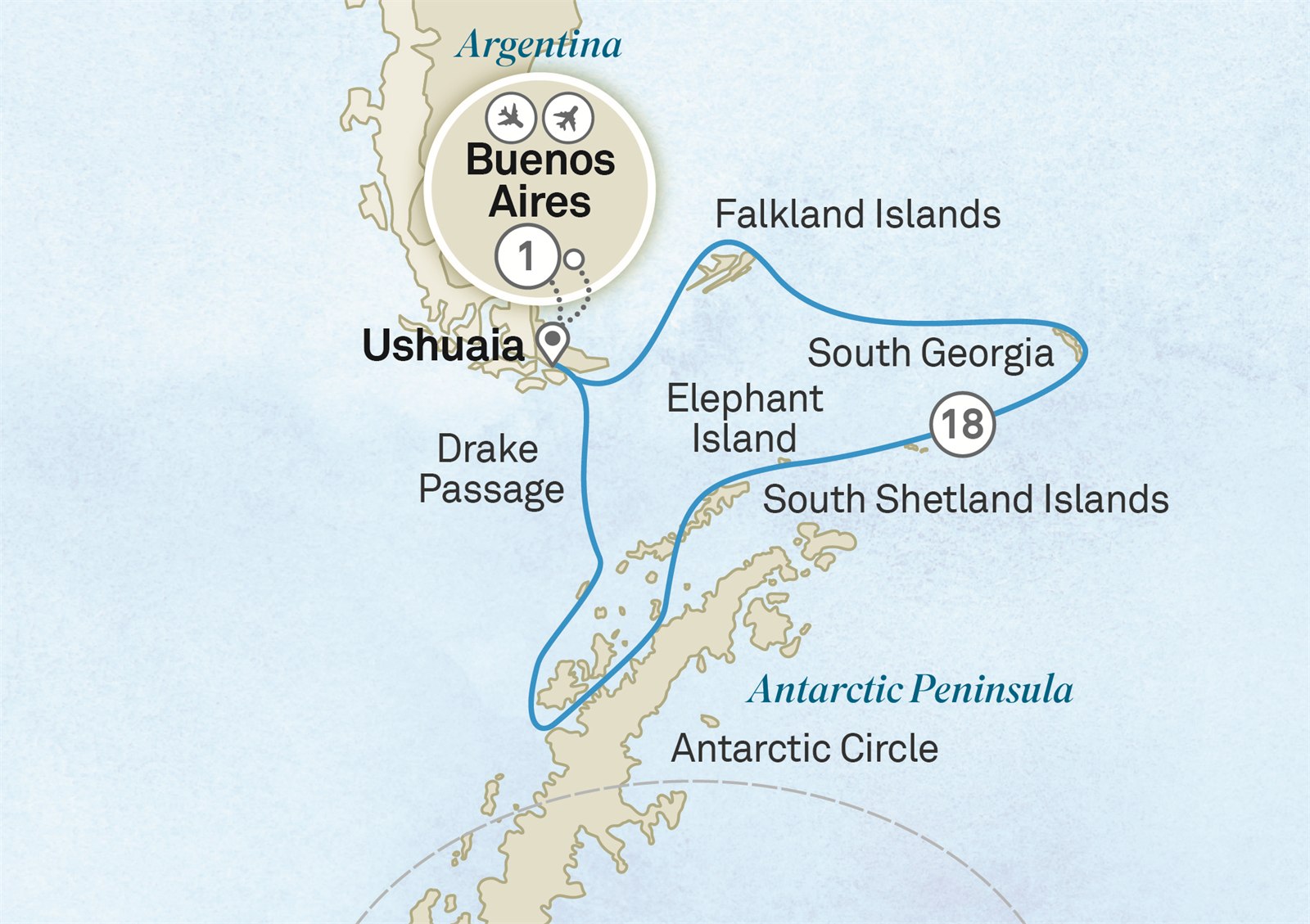 Antarctica, South Georgia & Falkland Islands: Buenos Aires to Buenos Aires Scenic itinerary route map for voyage 201S151126.1