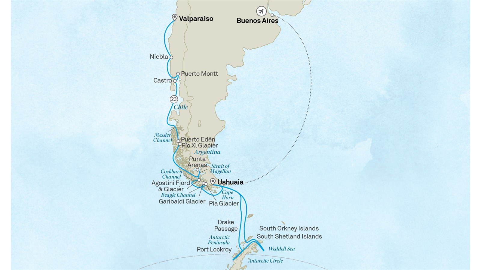 Ultimate Voyage: South America & Antarctica: Buenos Aires to Santiago Scenic itinerary route map for voyage 202L010329.2