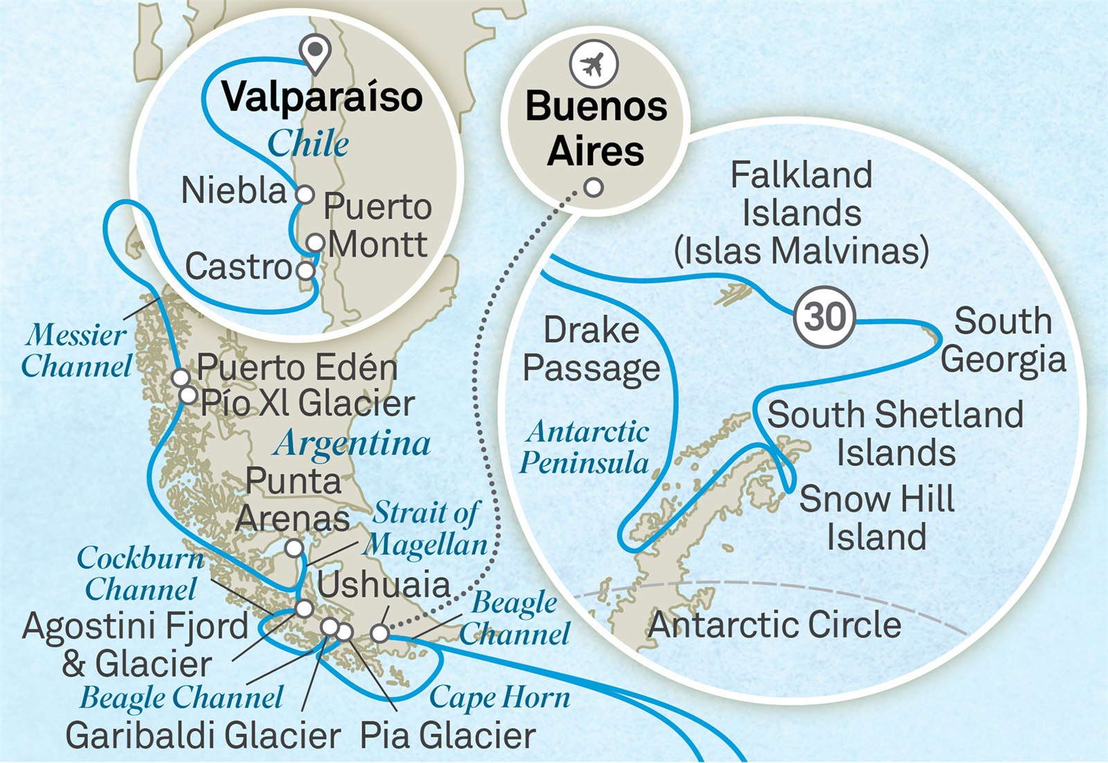 Ultimate Chilean Fjords, Glaciers & Antarctic Wildlife Explorer: Santiago to Buenos Aires Scenic itinerary route map for voyage 202S041126.1