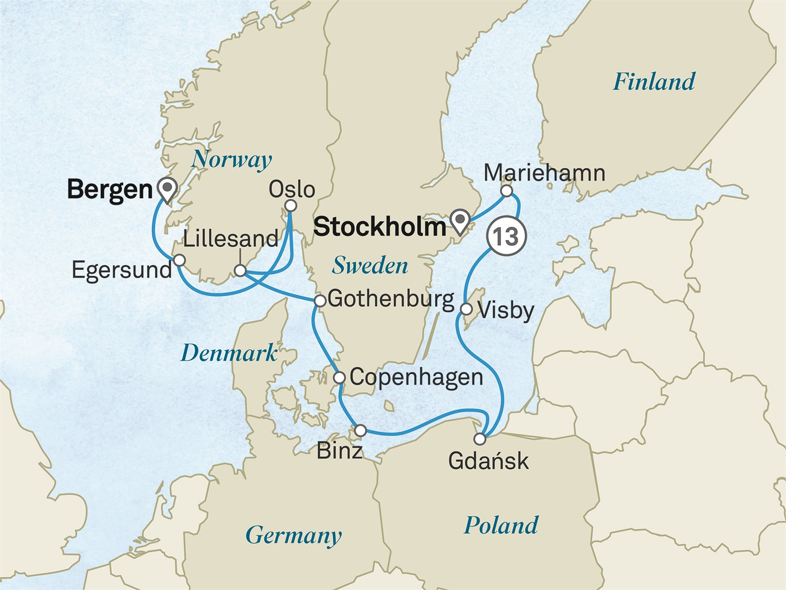 Treasures of the Baltics: Norway to Stockholm: Bergen to Stockholm Scenic itinerary route map for voyage 211E150827.1