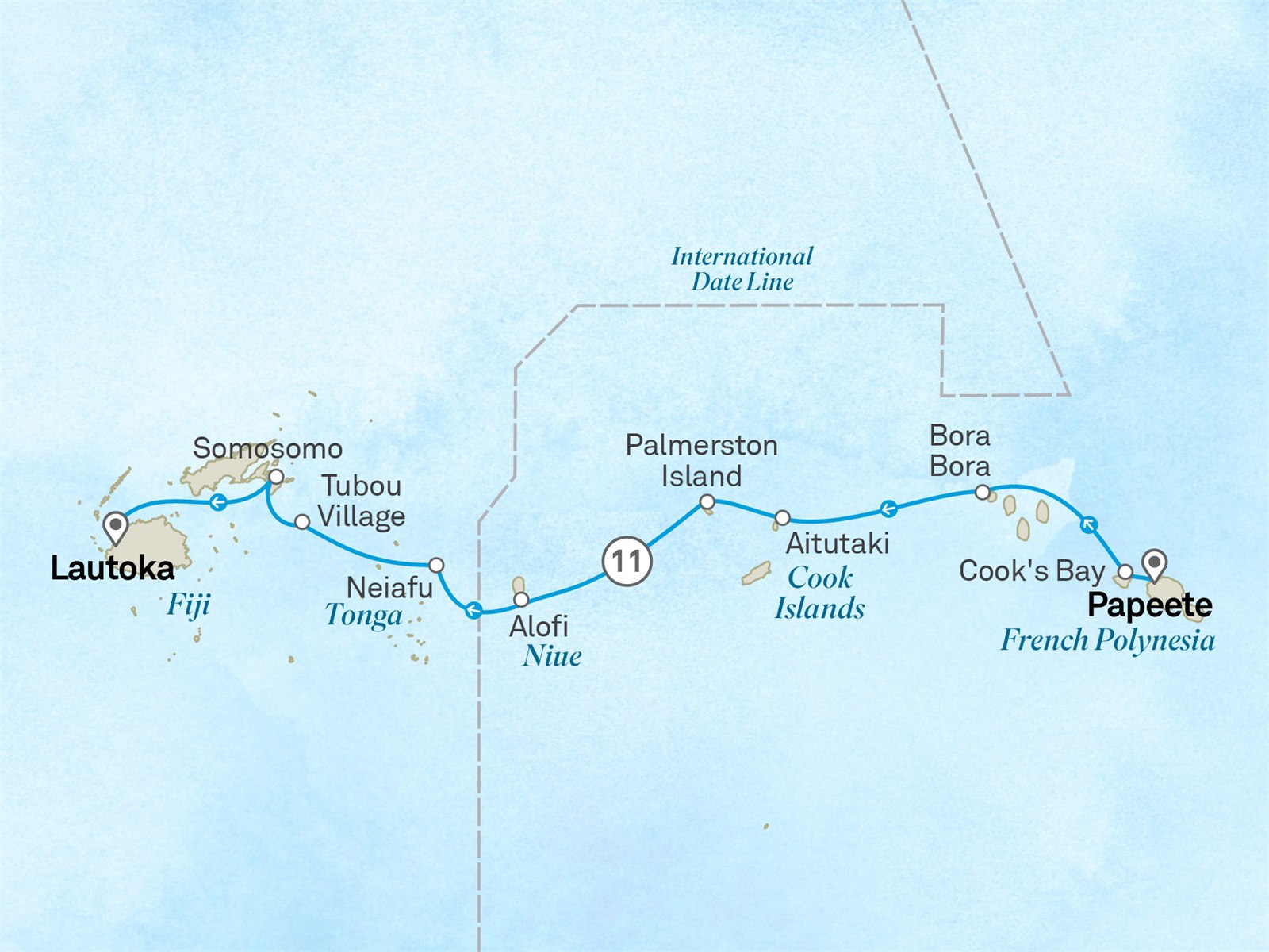 Reefs & Volcanic Isles: Tahiti to Fiji: Papeete to Nadi Scenic itinerary route map for voyage 211F130428.2