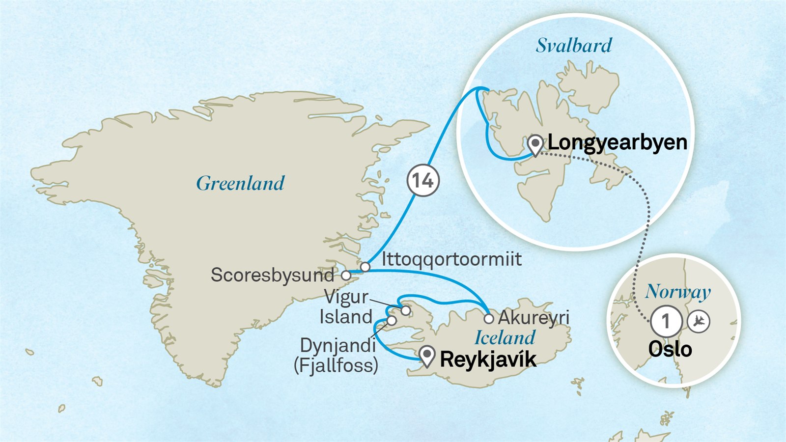 Wonders of the High Arctic: Svalbard, Greenland & Iceland: Oslo to Reykjavik Scenic itinerary route map for voyage 211N200727.1