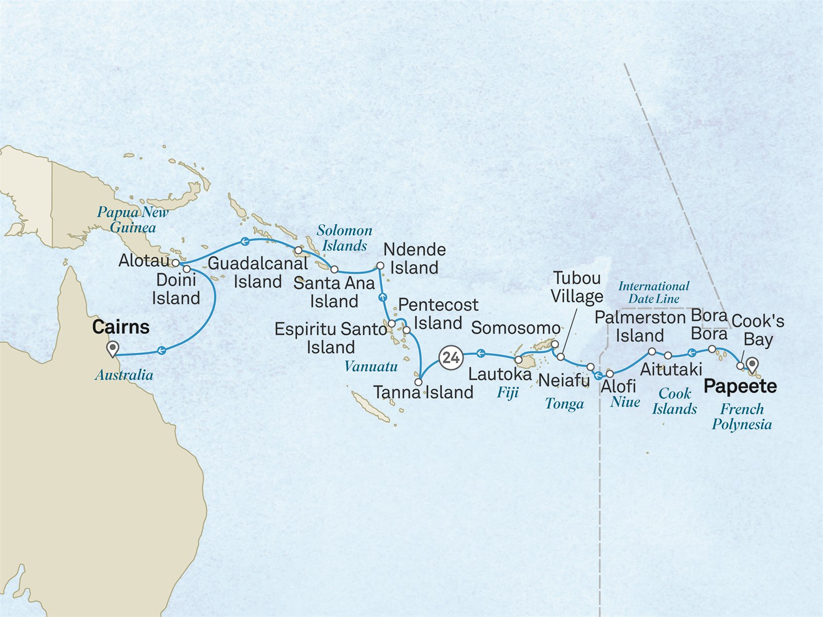 Ultimate Voyage: Tahiti, Papua New Guinea & Solomon Islands: Papeete to Cairns Scenic itinerary route map for voyage 212F130428.2