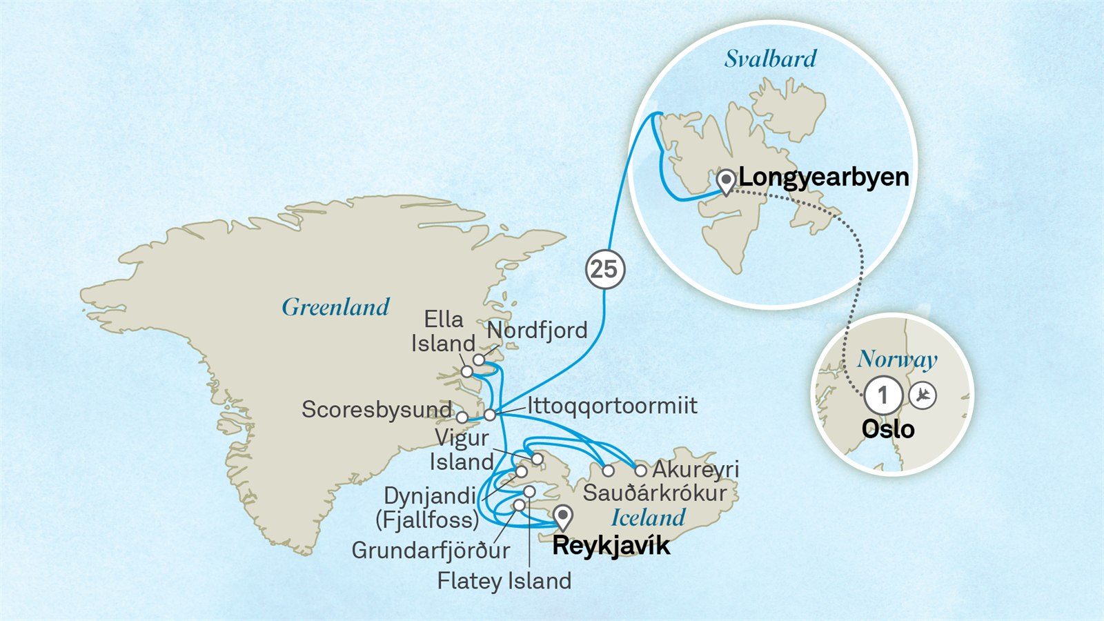 Ultimate Svalbard, Greenland & Iceland in Depth: Oslo to Reykjavik Scenic itinerary route map for voyage 212N200727.1
