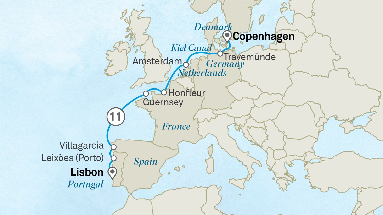Wonders of Europe: Copenhagen to Lisbon Scenic itinerary route map for voyage 221E080927.1