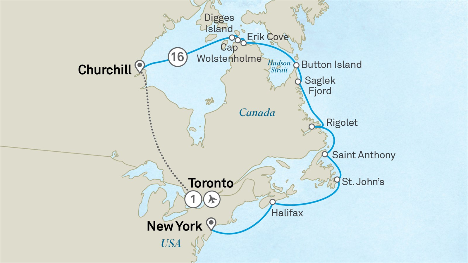 Hudson Bay & the Canadian Arctic to New York: Toronto to New York City Scenic itinerary route map for voyage 221N100927.1