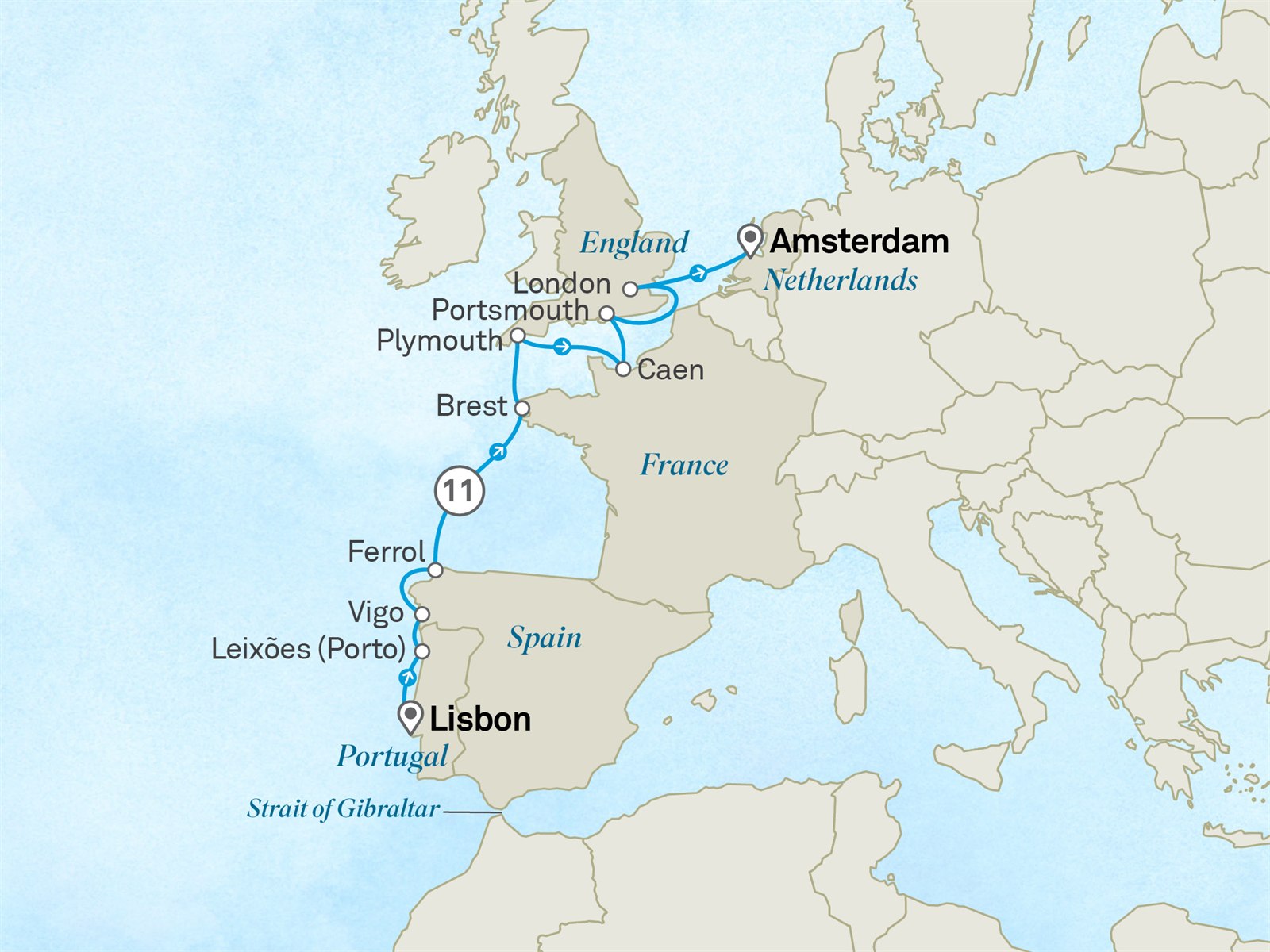Historic Rivers & Iconic Shores: Lisbon to Amsterdam Scenic itinerary route map for voyage 231E250528.2