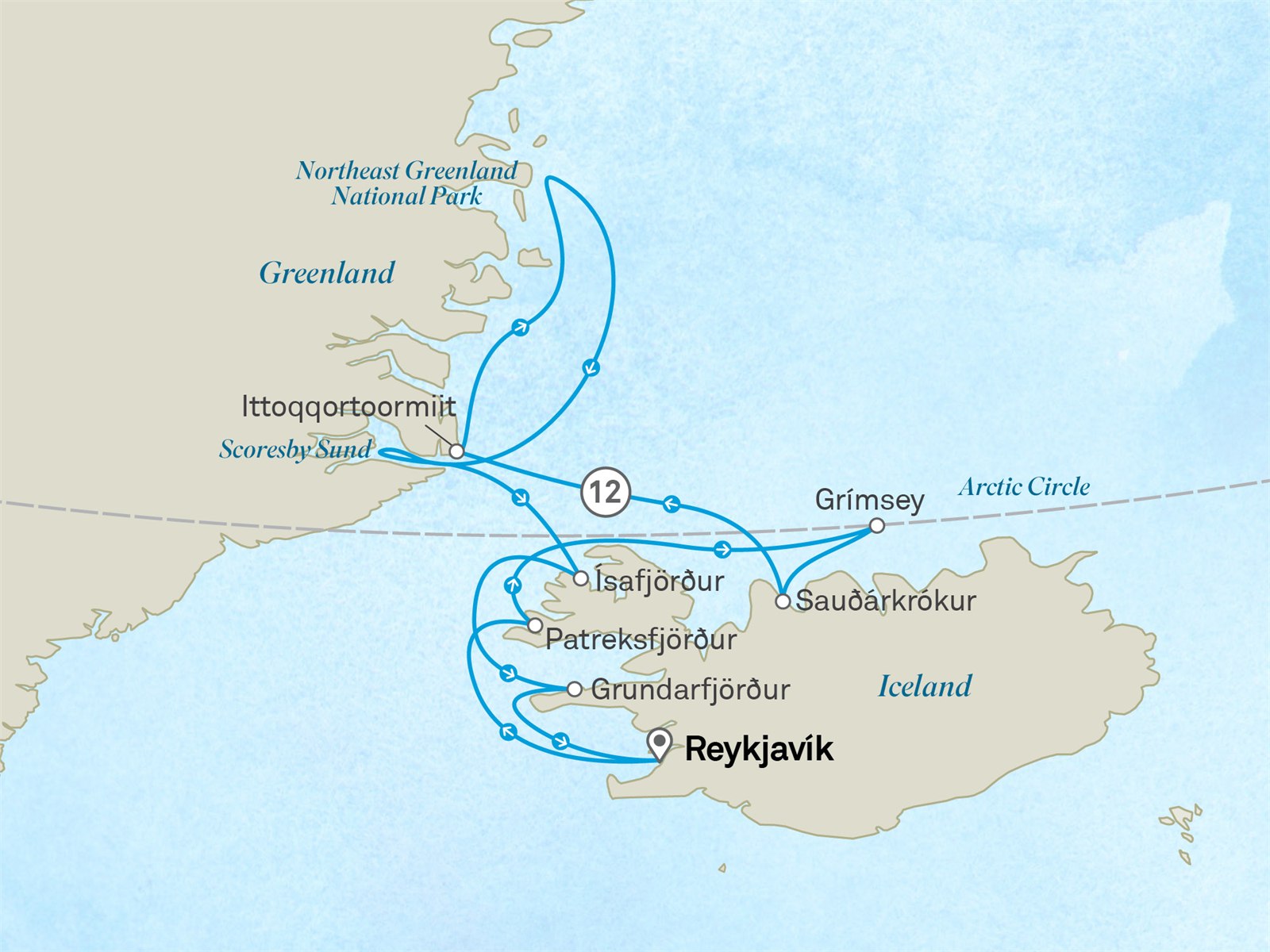 Northern Frontiers: Iceland to Greenland`s National Parks: Reykjavik to Reykjavik Scenic itinerary route map for voyage 231N200728.1