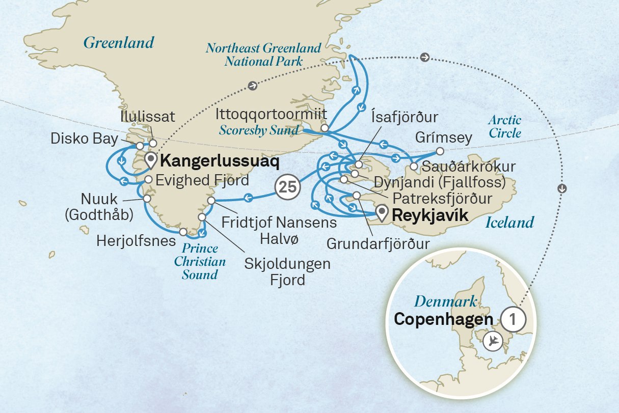 Ultimate Voyage: Iceland & Greenland Expedition: Reykjavik to Copenhagen Scenic itinerary route map for voyage 232N200728.2