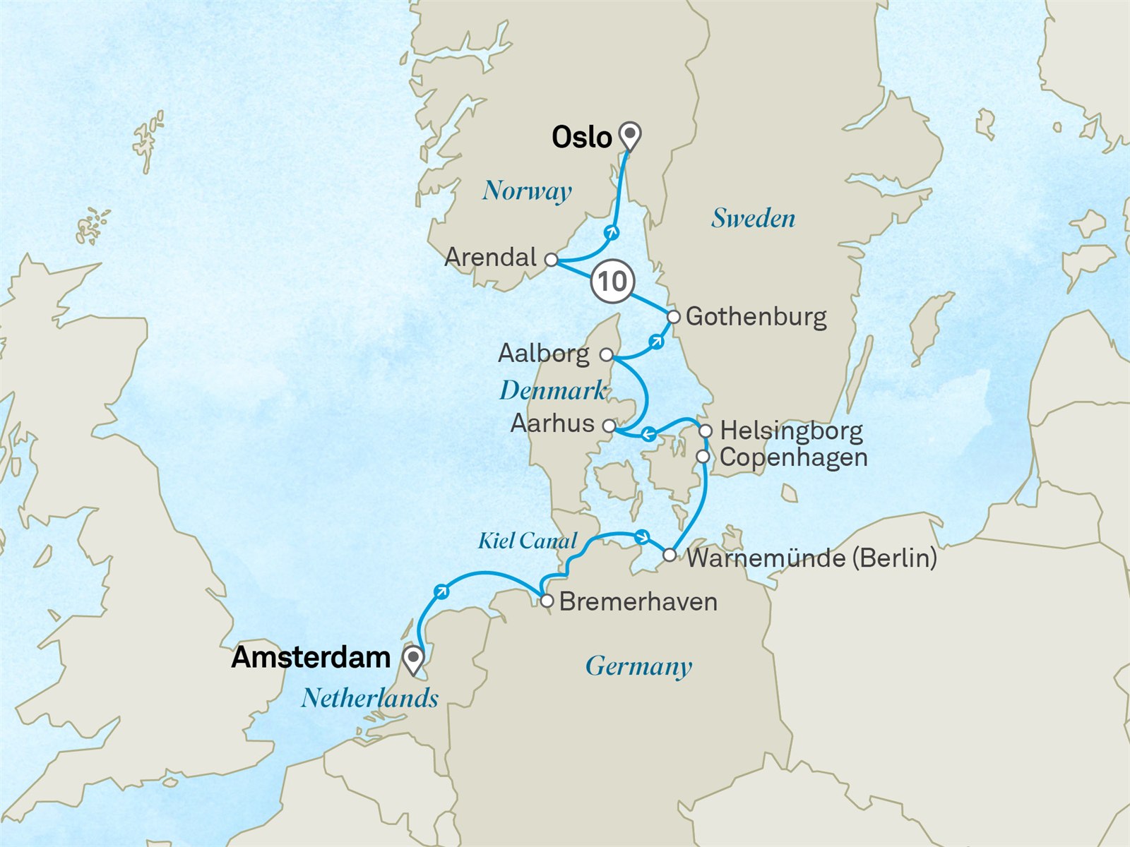Tales of the North Passage: Amsterdam to Oslo Scenic itinerary route map for voyage 241E050628.2