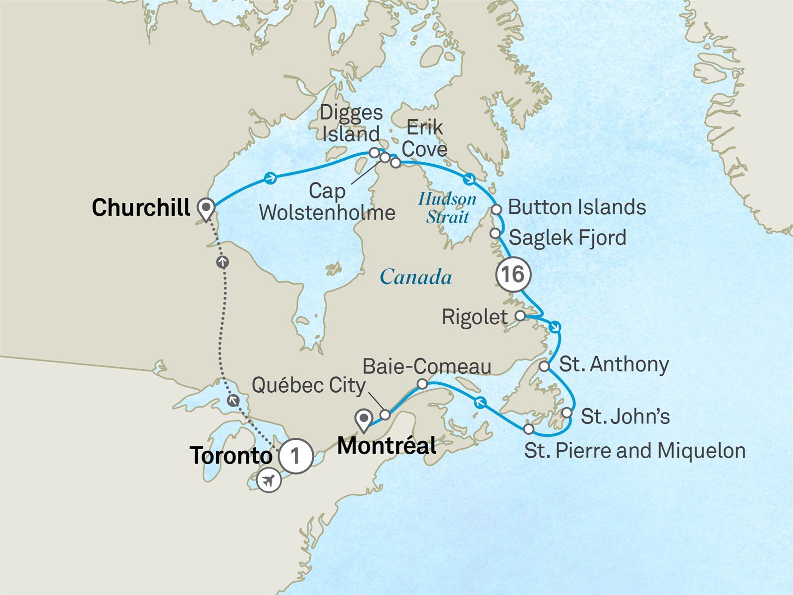 Hudson Bay & the Canadian Arctic to Montreal: Toronto to Montreal Scenic itinerary route map for voyage 241N270828.1