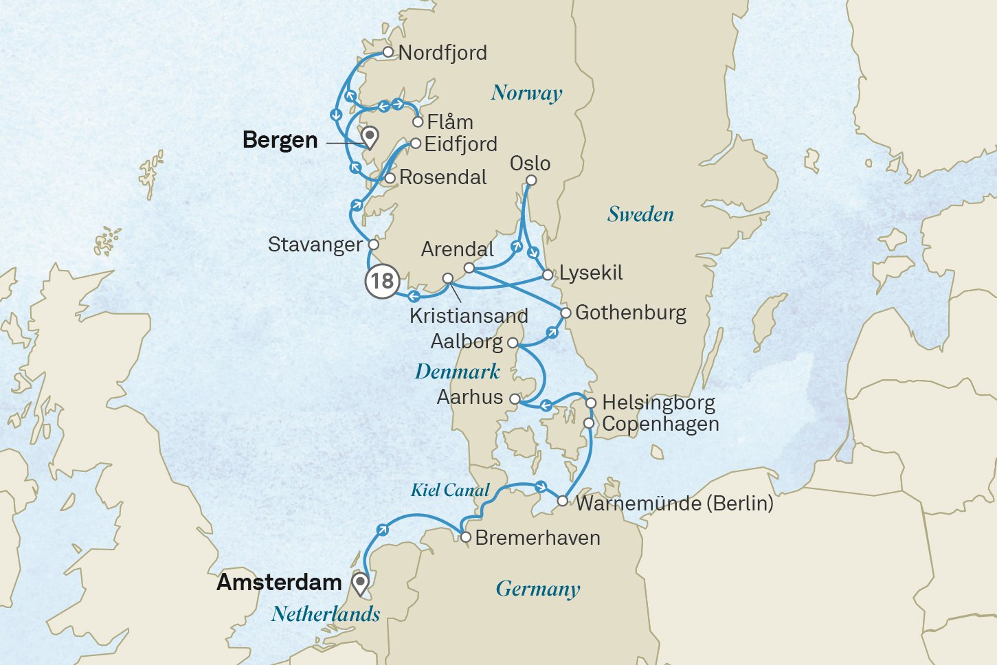Ultimate Voyage: Amsterdam to Bergen & the Norwegian Fjords Scenic itinerary route map for voyage 242E050628.2