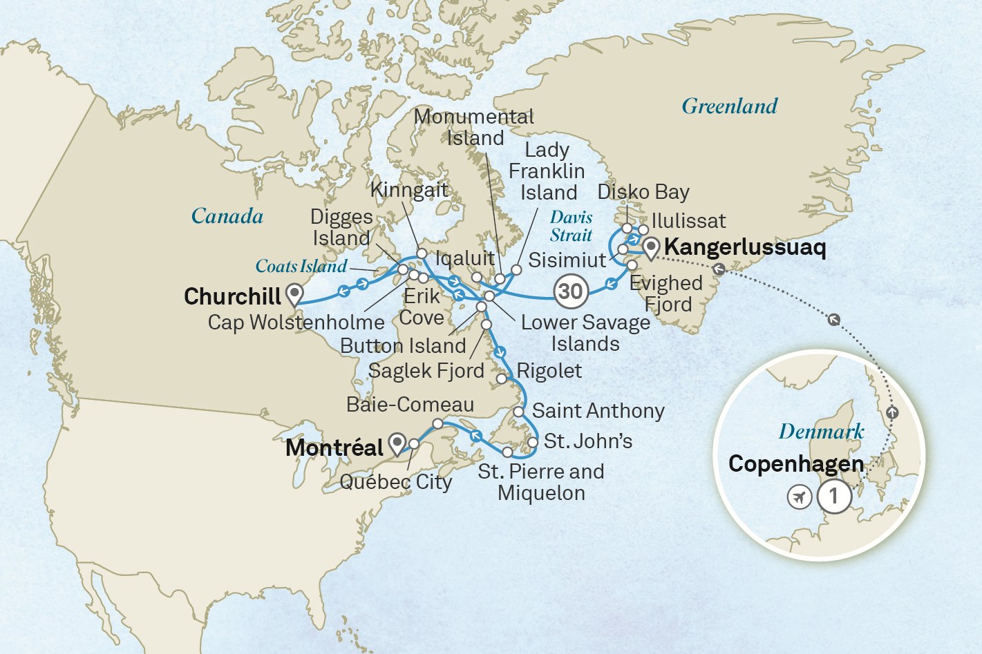 Ultimate Voyage: Greenland & Canada's Hudson Bay: Copenhagen to Montreal Scenic itinerary route map for voyage 242N130828.2