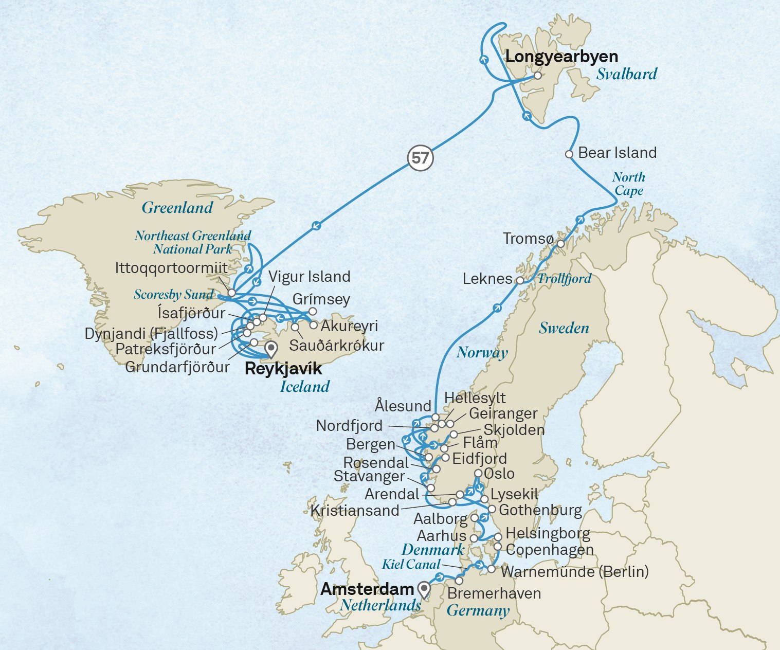 Grand Voyage: Northern Europe & the Arctic Circle: Amsterdam to Reykjavik Scenic itinerary route map for voyage 245E050628.2