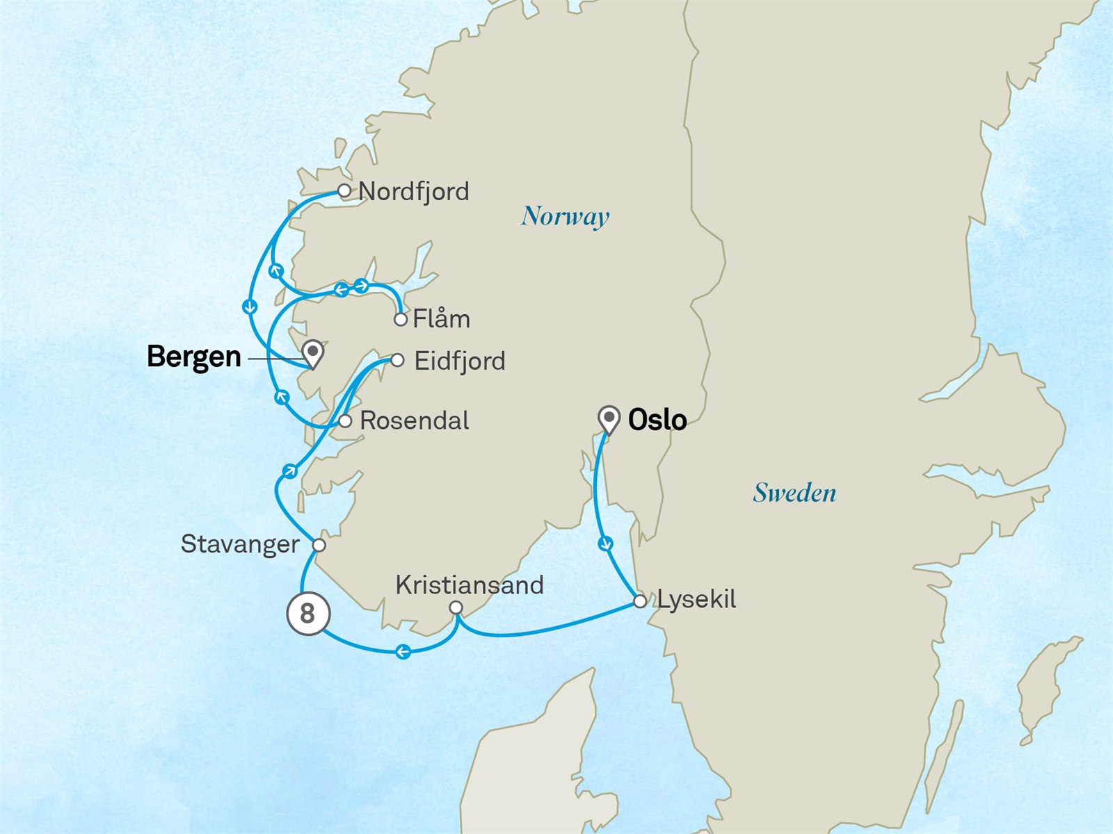 Legends of the Norwegian Fjords: Oslo to Bergen Scenic itinerary route map for voyage 251E150628.2