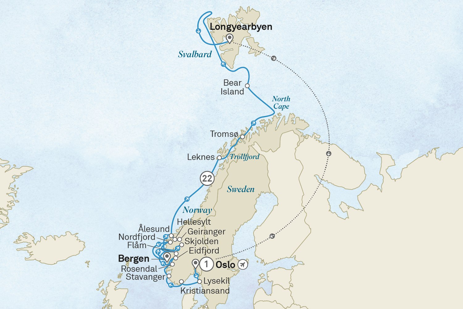 Ultimate Voyage: Norwegian Fjords, Svalbard & the Arctic Circle: Oslo to Oslo Scenic itinerary route map for voyage 252E150628.2
