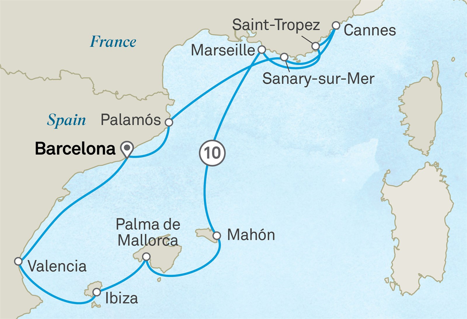 Spain, French Riviera & the Balearic Islands: Tastes of Discovery Voyage with Chef Begoña Rodrigo: Barcelona to Barcelona Scenic itinerary route map for voyage 261M230926.1