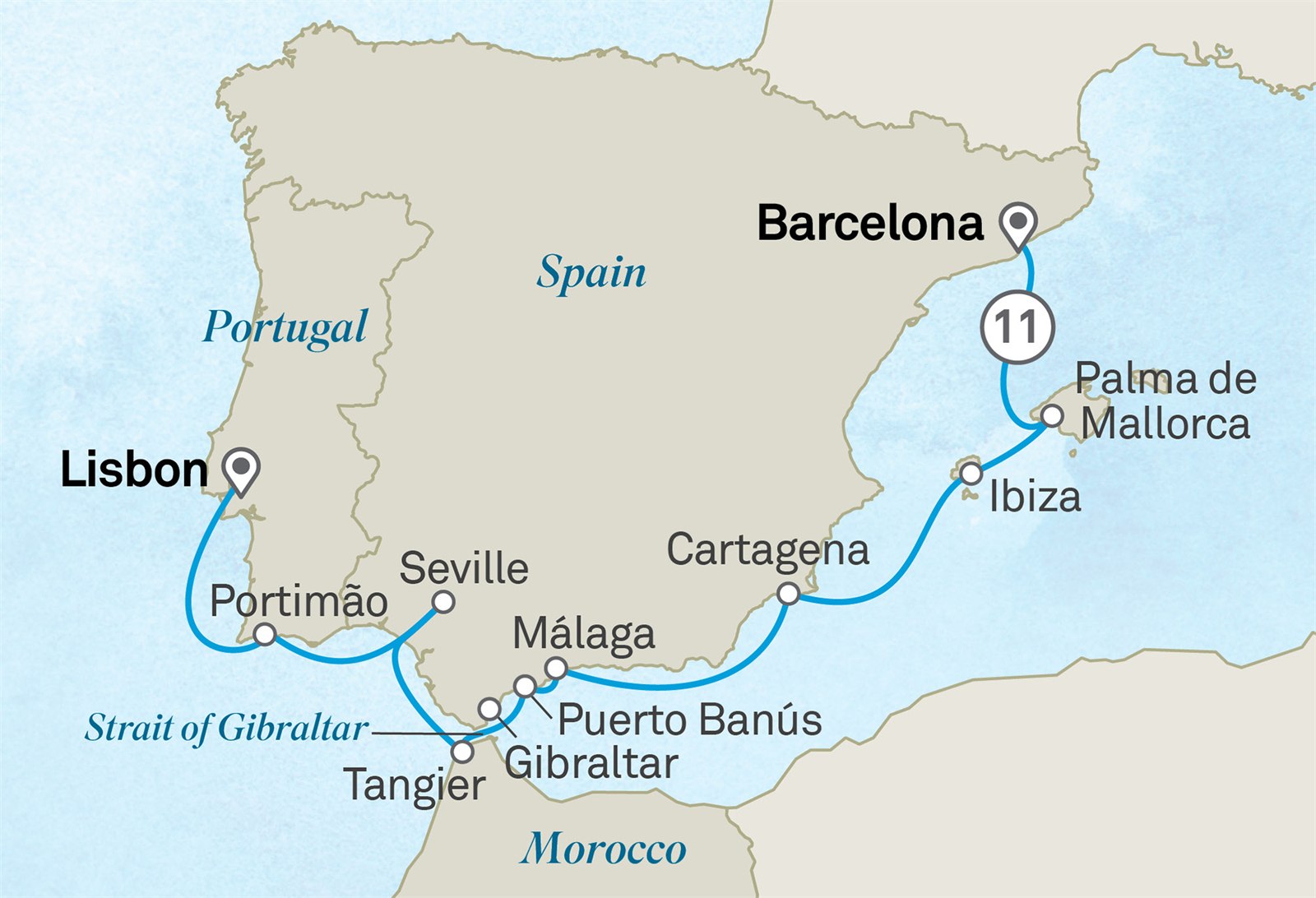 Iberian Discovery: Spain and Portugal with Morocco: Barcelona to Lisbon Scenic itinerary route map for voyage 271M031026.2