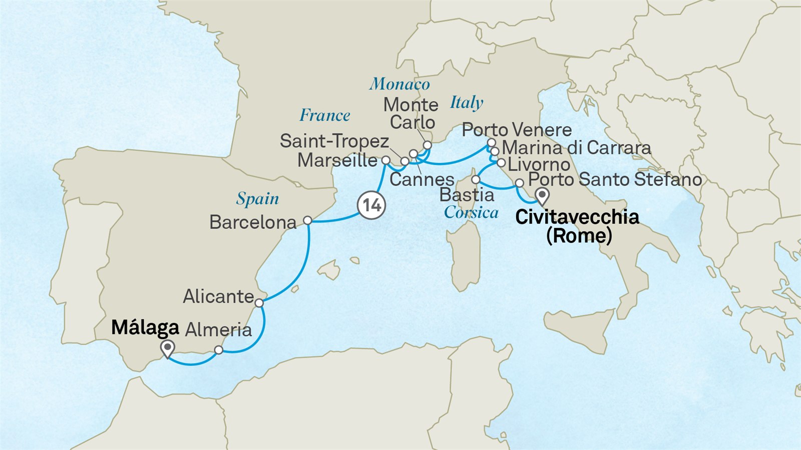 Mediterranean Odyssey: Spain, Italy and the French Riviera: Malaga to Civitavecchia (Rome) Scenic itinerary route map for voyage 281M210427.1
