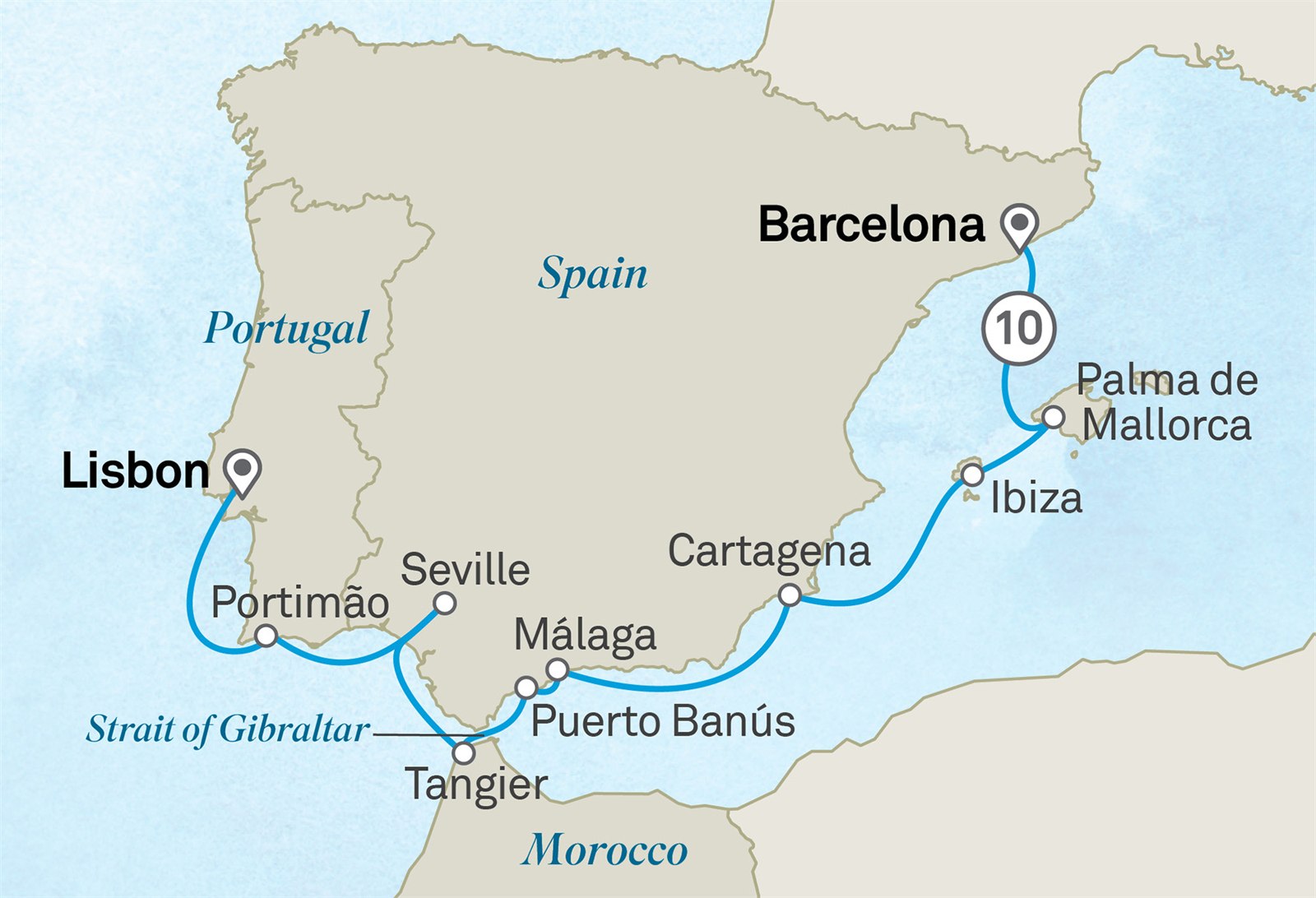 Mediterranean Odyssey: Lisbon to Barcelona Scenic itinerary route map for voyage 301M130926.1