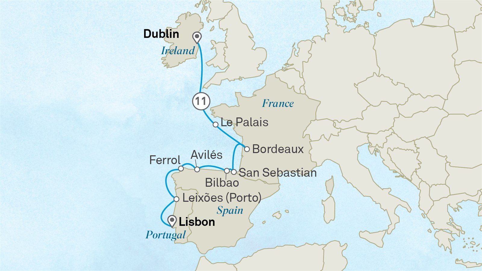 Heritage & Traditions of Western Europe: Lisbon to Dublin Scenic itinerary route map for voyage 311E160527.2