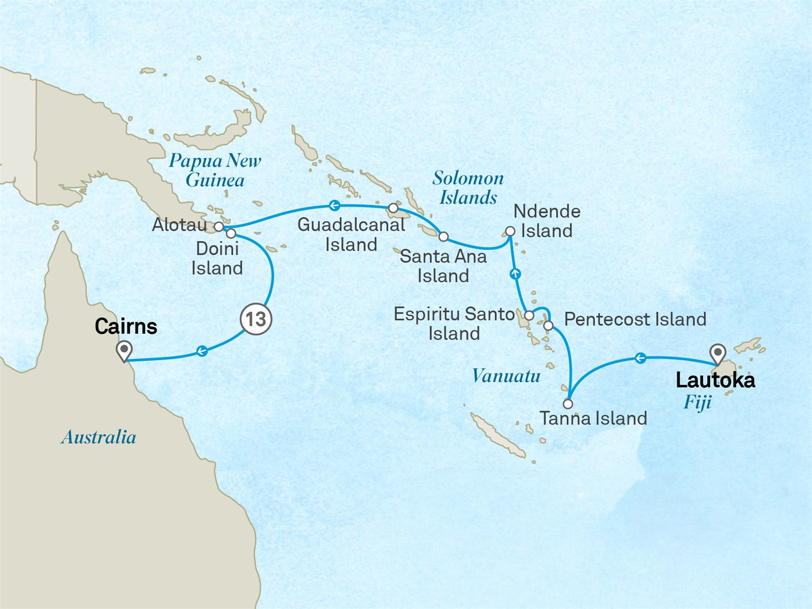 Alluring Solomon Islands, Vanuatu & Papua New Guinea: Nadi to Cairns Scenic itinerary route map for voyage 311F250428.2
