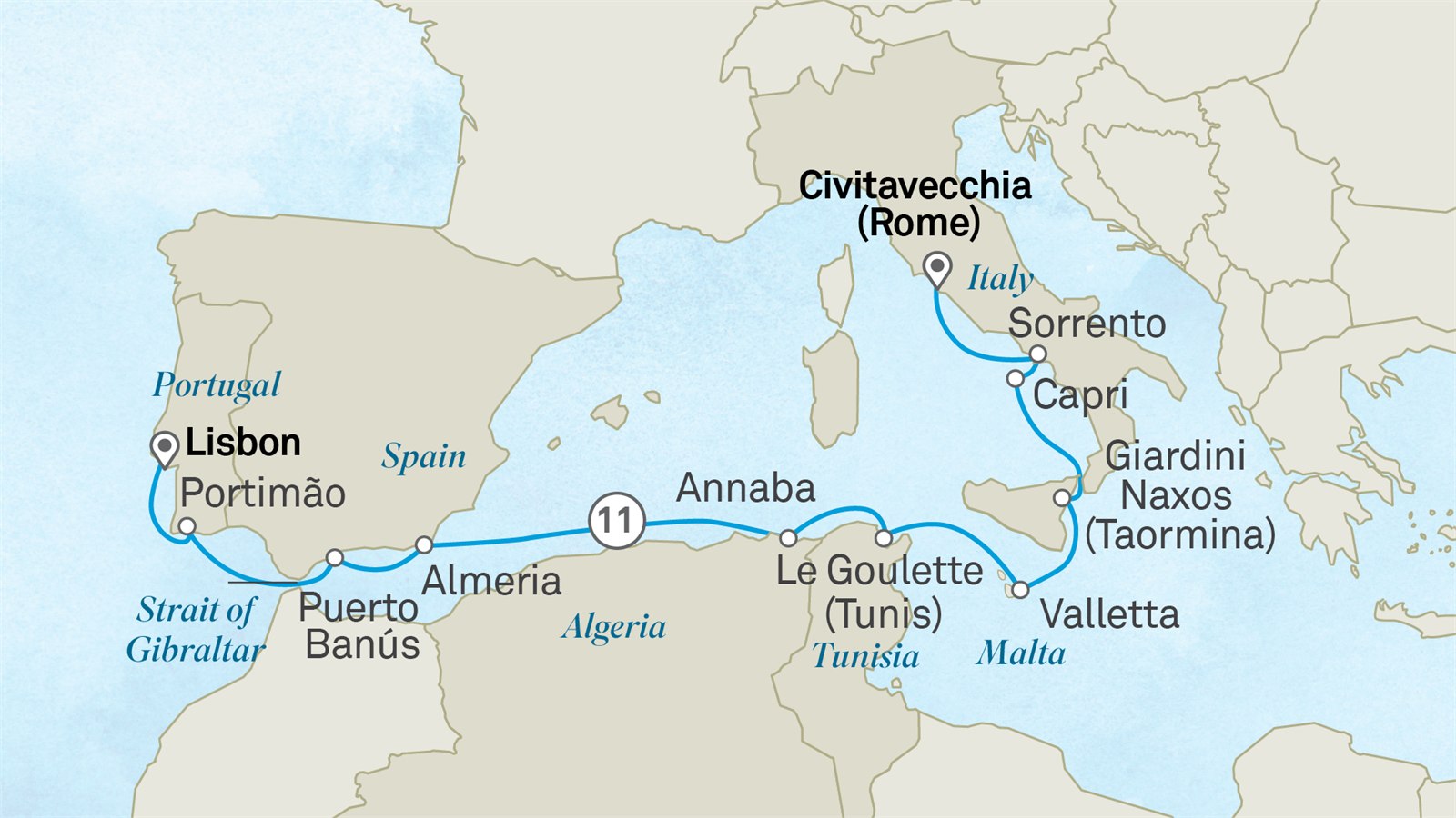 Treasures of the Mediterranean: Civitavecchia (Rome) to Lisbon Scenic itinerary route map for voyage 311M050527.2