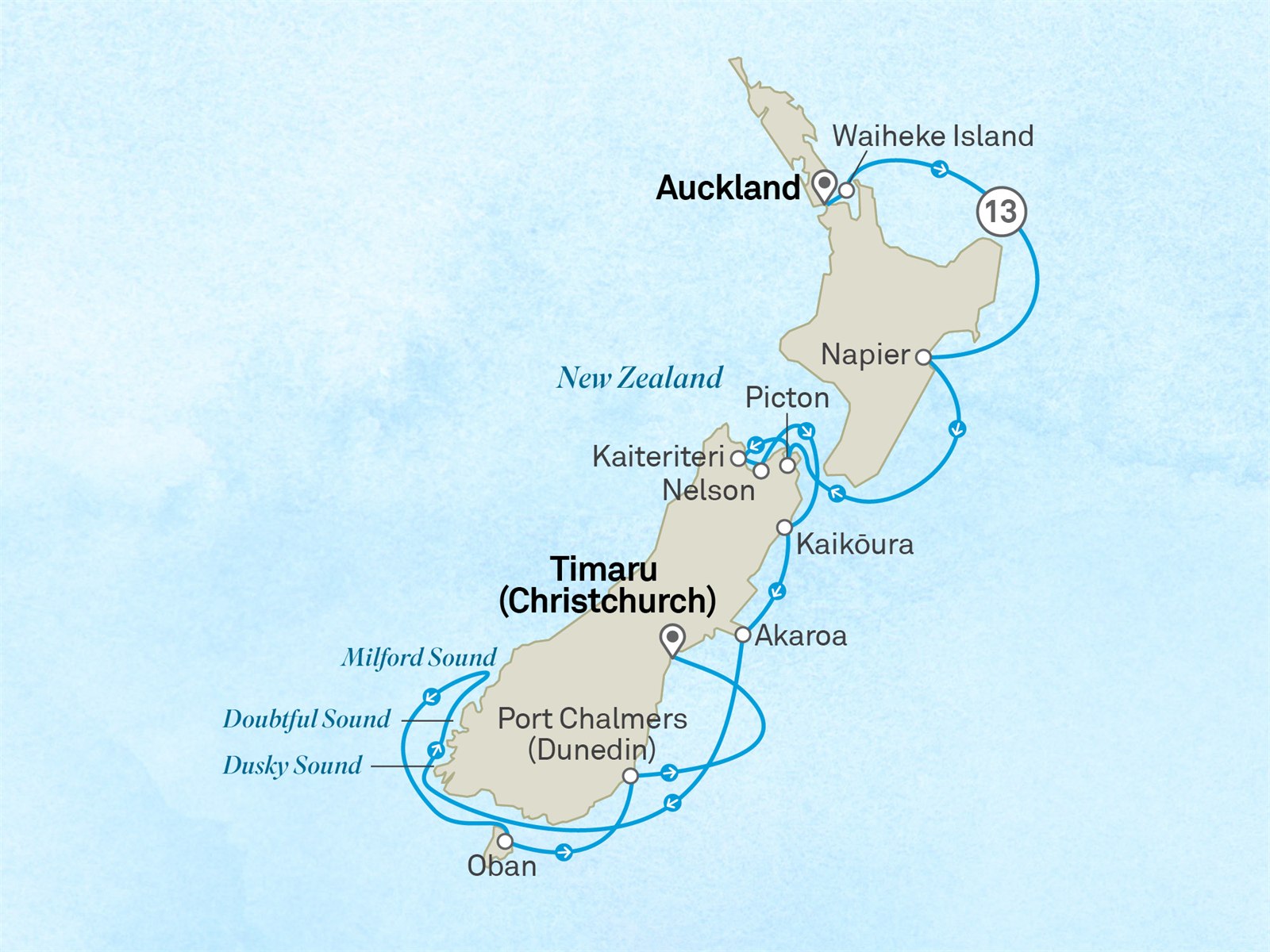 Splendours of New Zealand: Auckland to Christchurch Scenic itinerary route map for voyage 311Q301128.1