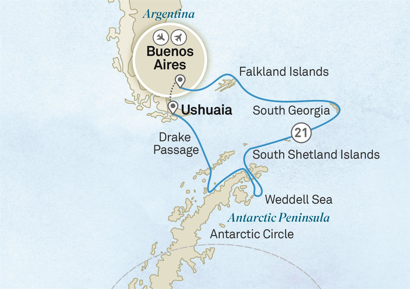 Antarctica, South Georgia & Falkland Islands: Buenos Aires to Ushuaia Scenic itinerary route map for voyage 311S101126.1
