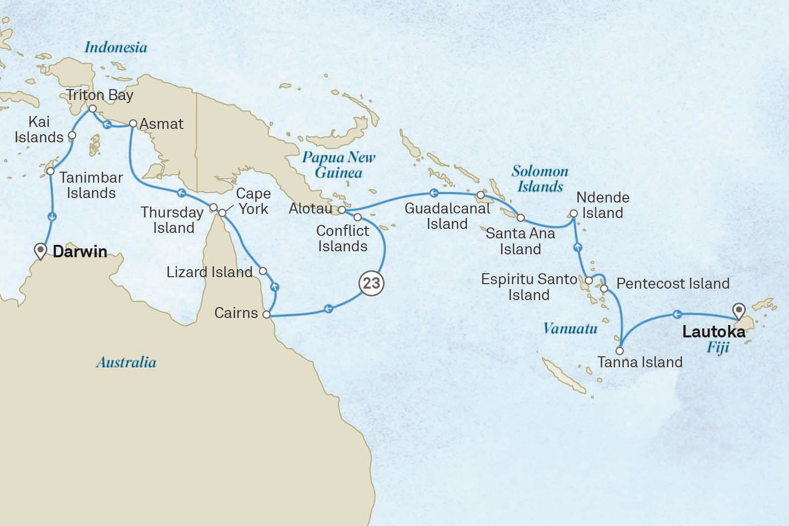 Ultimate Voyage: Islands of the Pacific – Solomon, Papua & Australia’s Top End: Nadi to Darwin Scenic itinerary route map for voyage 312F250428.2