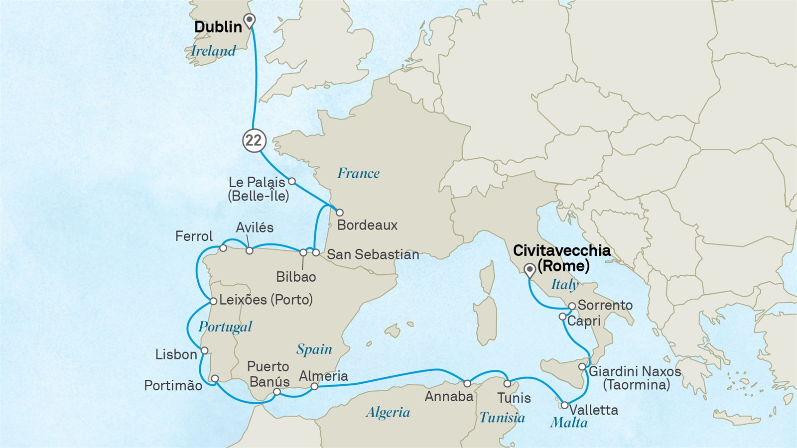 Ultimate Cultures & Wonders of Europe: Italy to Ireland: Civitavecchia (Rome) to Dublin Scenic itinerary route map for voyage 312M050527.2