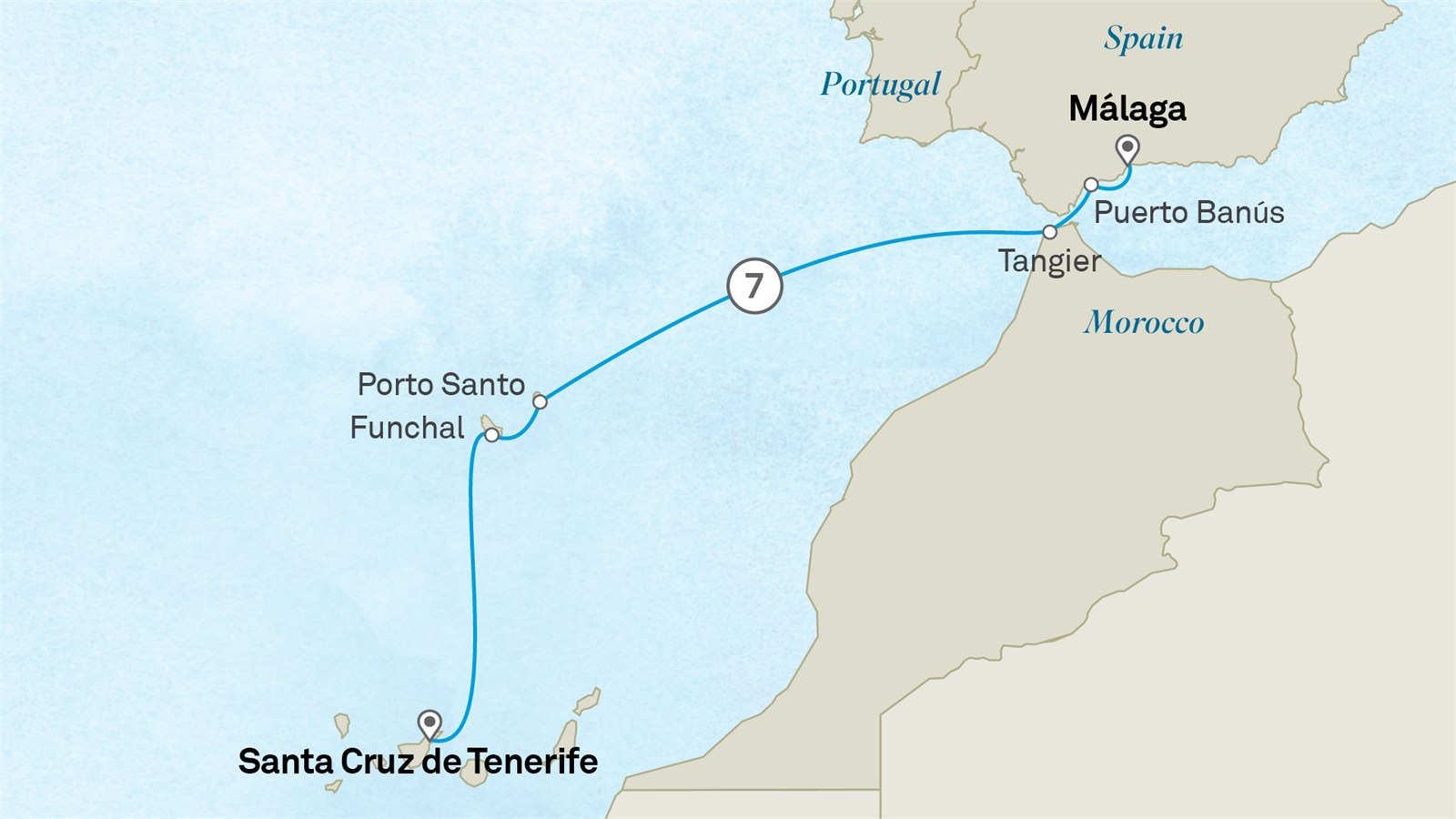 Atlantic Islands & Moroccan Coastline: Tenerife to Malaga Scenic itinerary route map for voyage 321M180428.2