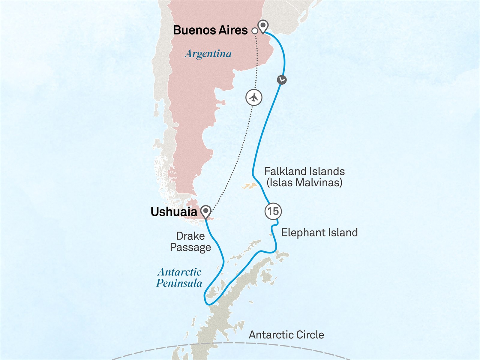 Antarctica & the Falkland Islands: Buenos Aires to Buenos Aires Scenic itinerary route map for voyage 321S151128.1