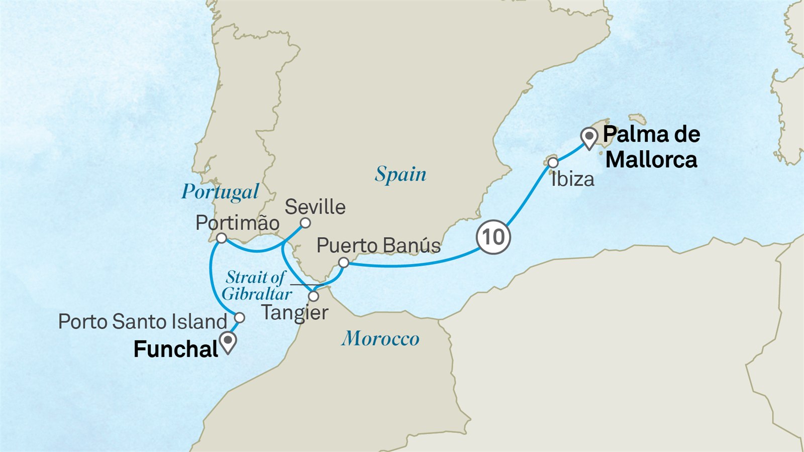 Madeira to the Balearic Isles: Funchal to Palma Mallorca Scenic itinerary route map for voyage 331M230427.1