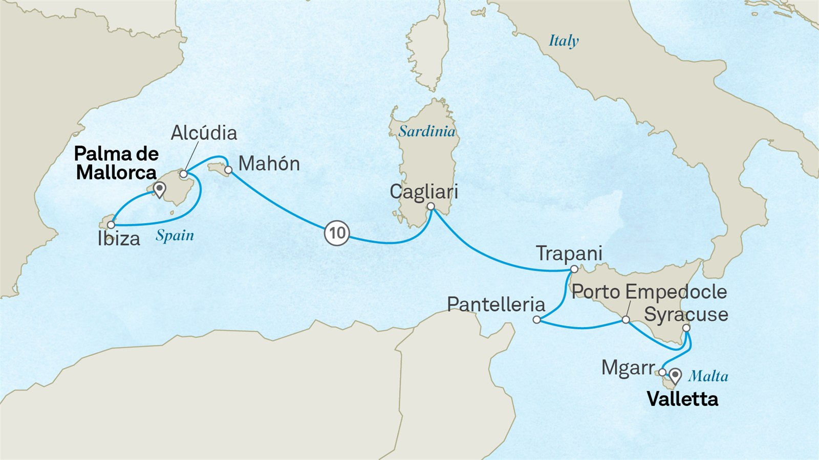 Jewels of the Mediterranean: Palma Mallorca to Valletta Scenic itinerary route map for voyage 341M030527.1