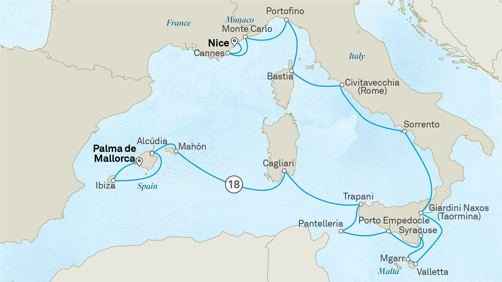 Ultimate Mediterranean in Depth: Palma Mallorca to Nice Scenic itinerary route map for voyage 342M030527.2