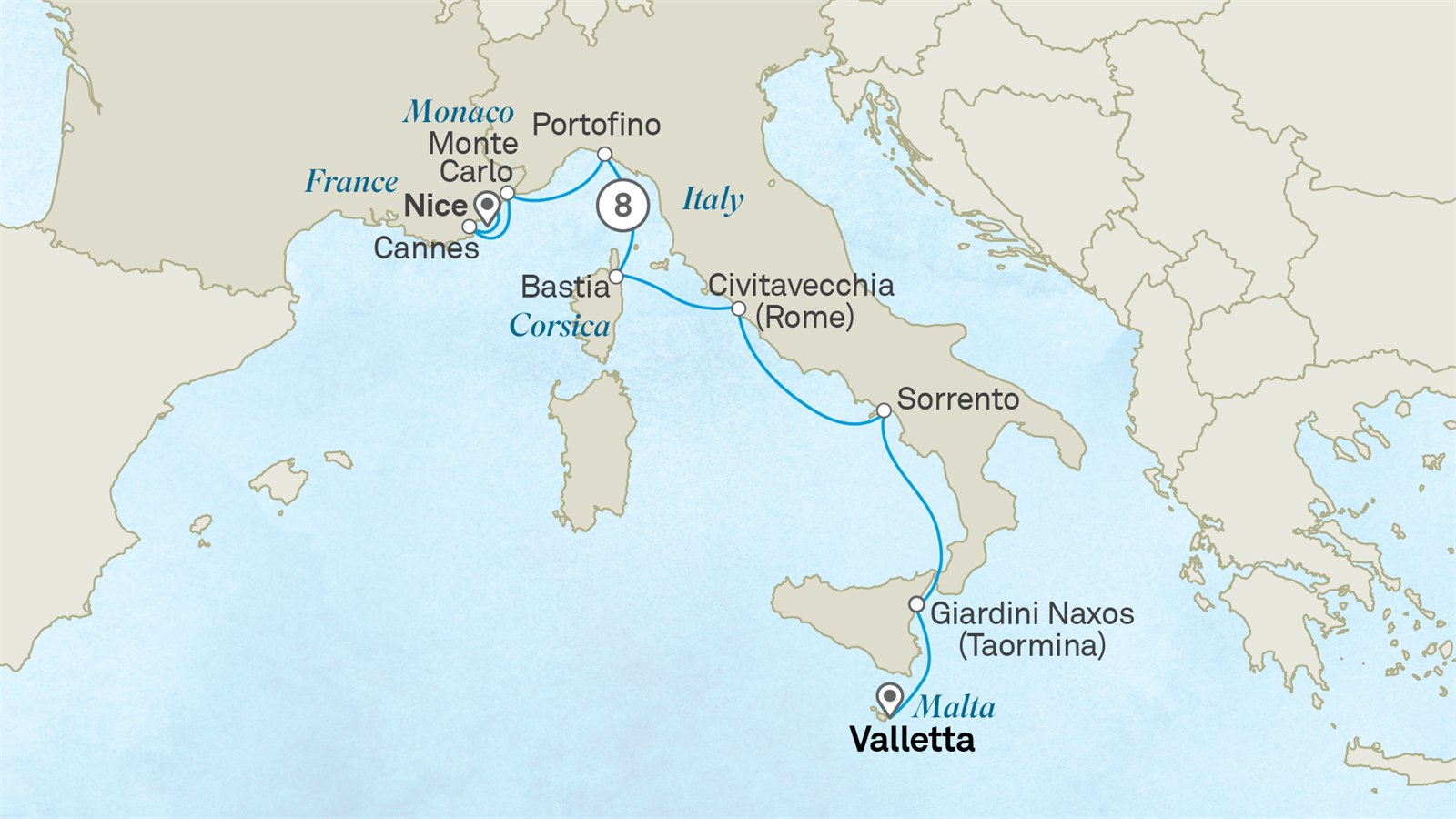 Splendours of Sicily, Italy and the French Riviera: Valletta to Nice Scenic itinerary route map for voyage 351M130527.2
