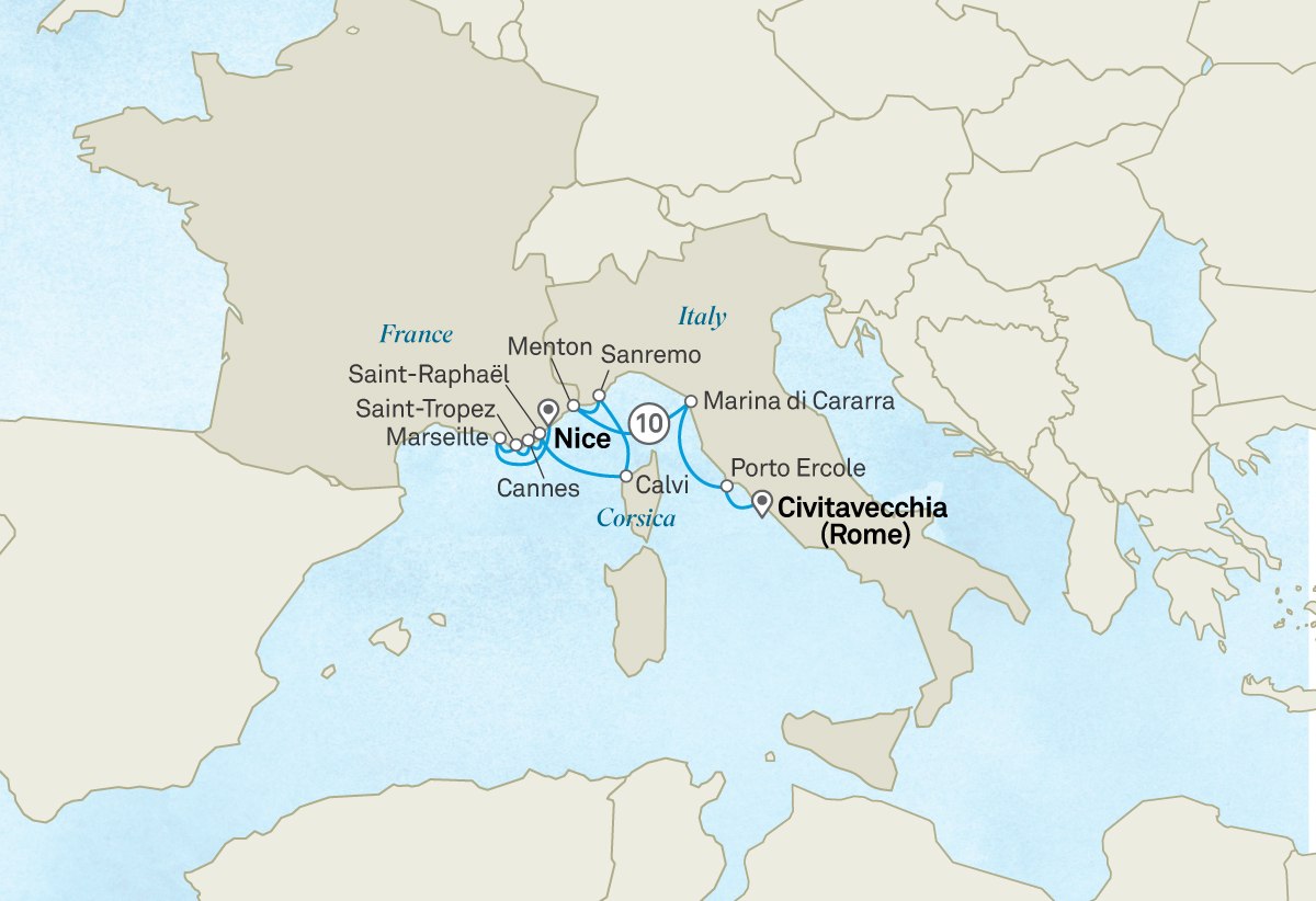 French Riviera, Corsica and Monaco Grand Prix: Nice to Civitavecchia (Rome) Scenic itinerary route map for voyage 371M300527.1