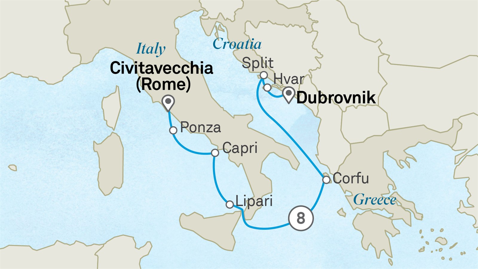 The Islands of Italy, Greece and Croatia: Civitavecchia (Rome) to Dubrovnik Scenic itinerary route map for voyage 381M090627.1